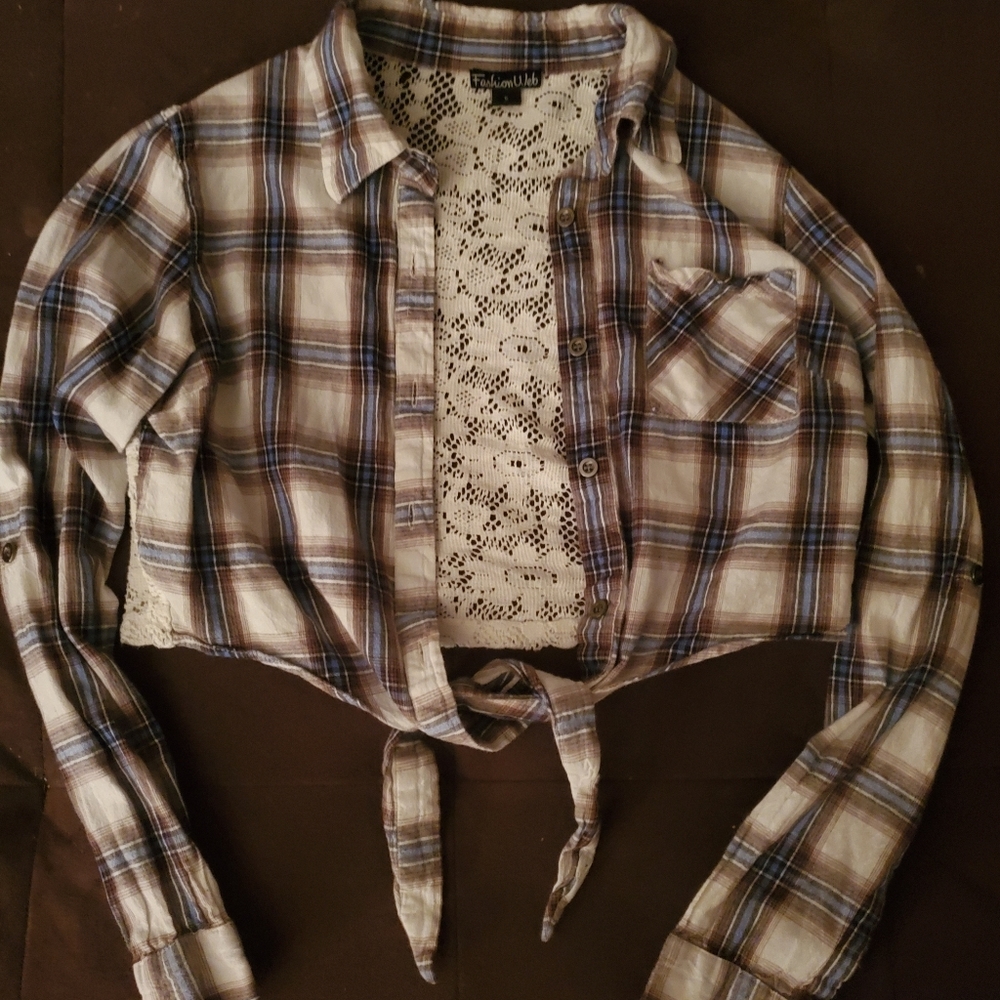 Button down plaid tie crop top